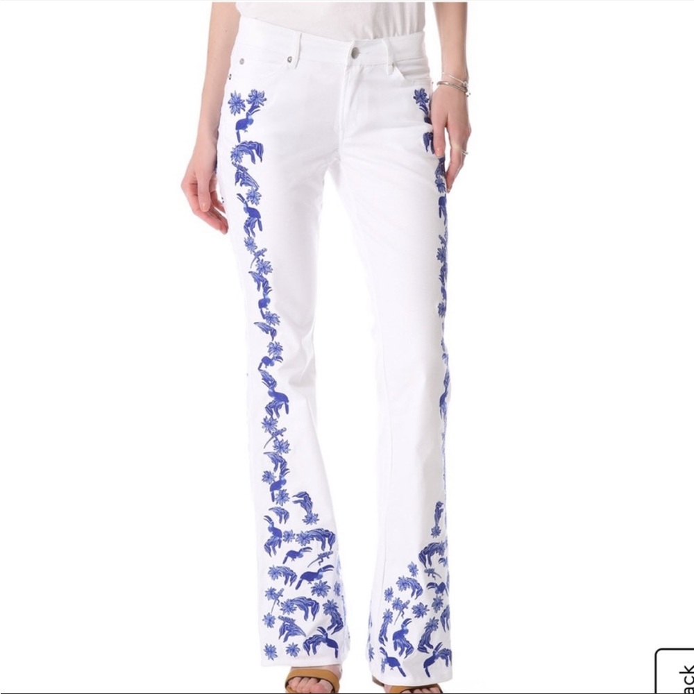 Rebecca Minkoff White Boot Cut Jeans with Blue Floral Embroidery